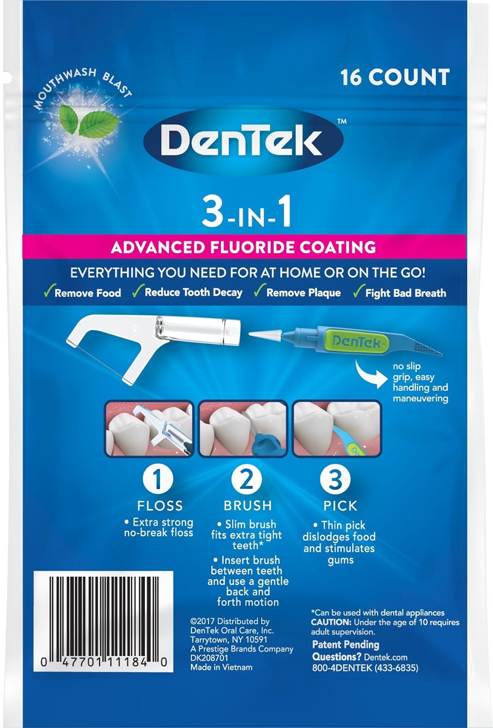 DenTek 3-In-1 Interdental Cleaners | Floss, Brush, Pick, Travel Pouch | 16 Count