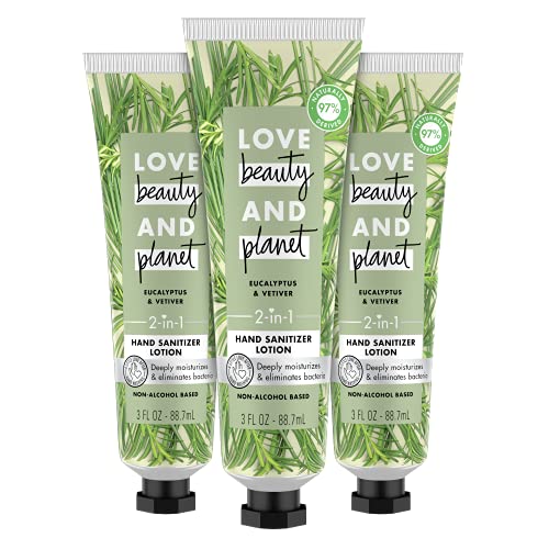 Love Beauty And Planet 2-in-1 Hand Sanitizer Lotion Moisturizer for Dry Hands Eucalyptus & Vetiver Vegan, Non-Alcohol Based, Dye & Paraben Free, Skin care, 3 Oz, 3 Count